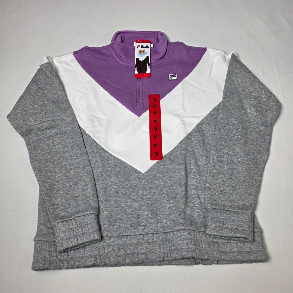 FILA Quarter Zip Pullover Womens Medium Purple Gray White Colorblock Chevron NWT